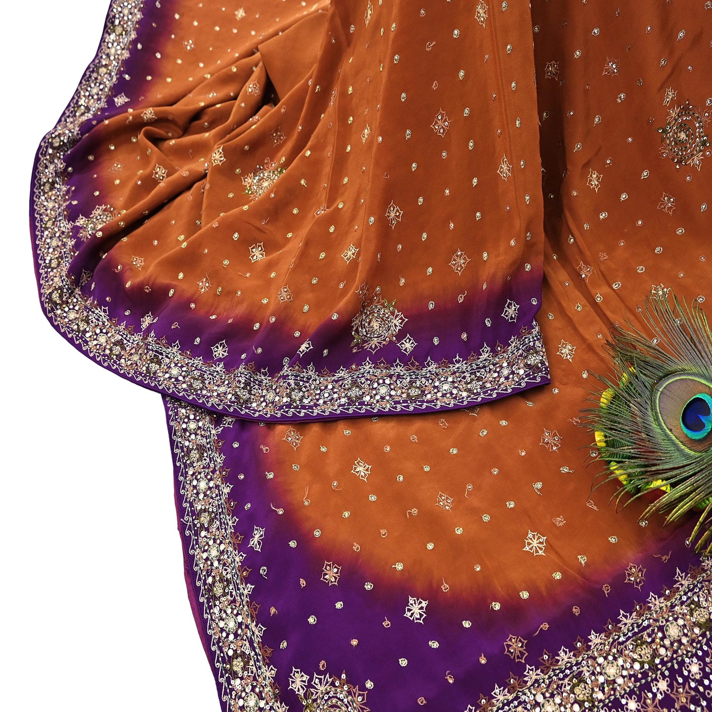 Indian Vintage Sari Purple & Mustard Pure Crepe Silk Hand Embroidered Sarees 6yd Sewing Floral Craft Sequins Dress making Crafting Quilting