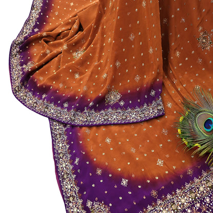 Indian Vintage Sari Purple & Mustard Pure Crepe Silk Hand Embroidered Sarees 6yd Sewing Floral Craft Sequins Dress making Crafting Quilting