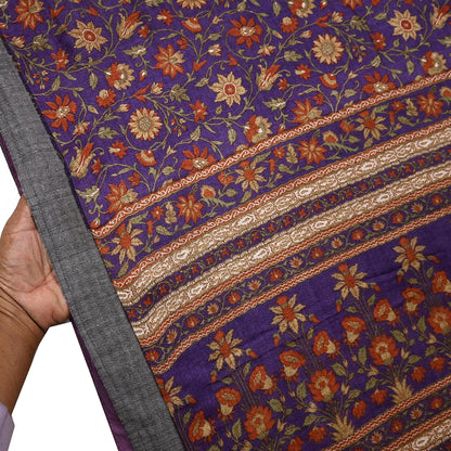 Vintage Purple Green Wool Saree Indian Pure Wool Floral Woven Fabric 6 Yard Soft Warm Craft Material for Winter Dressmaking & Sewing