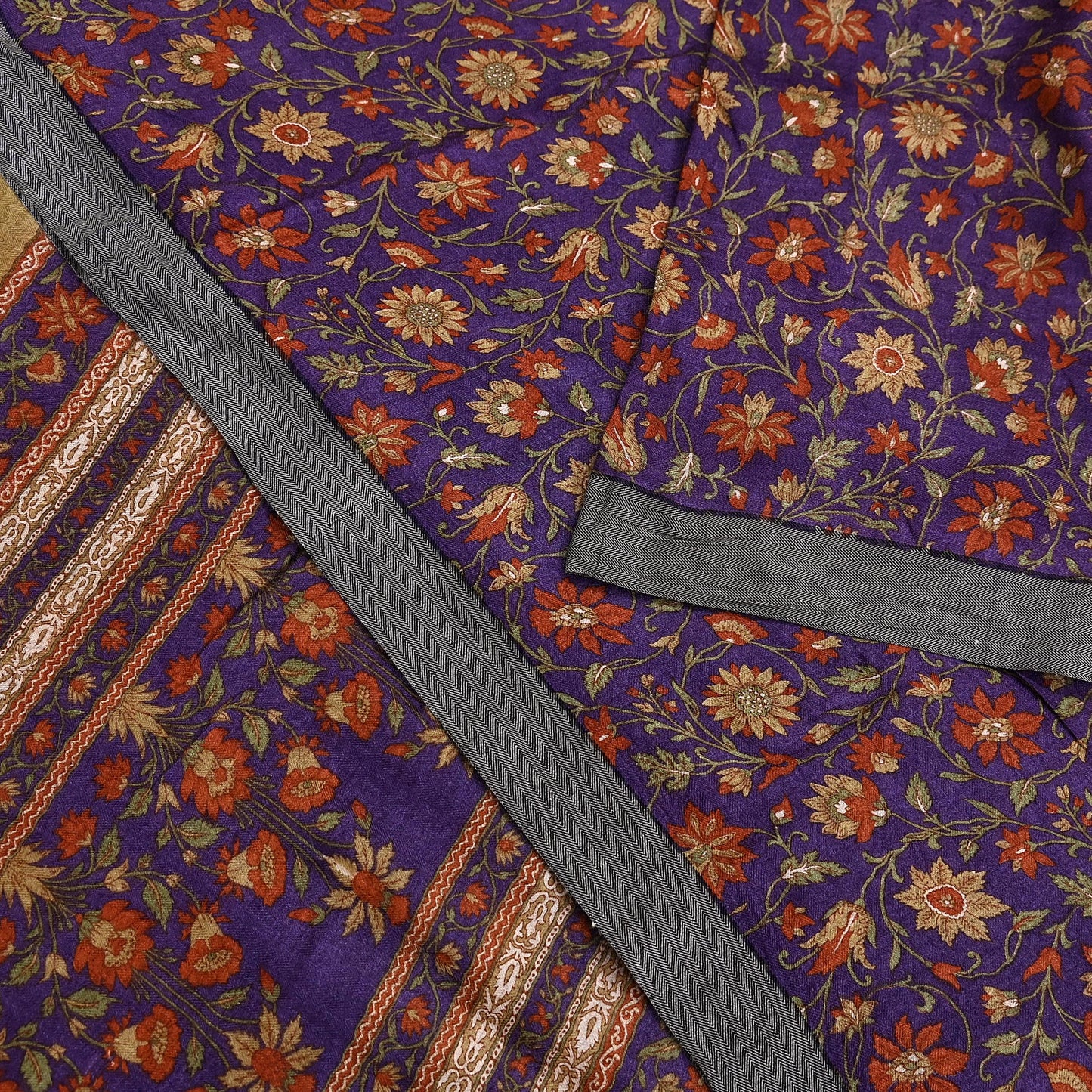 Vintage Purple Green Wool Saree Indian Pure Wool Floral Woven Fabric 6 Yard Soft Warm Craft Material for Winter Dressmaking & Sewing
