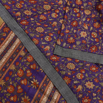 Vintage Purple Green Wool Saree Indian Pure Wool Floral Woven Fabric 6 Yard Soft Warm Craft Material for Winter Dressmaking & Sewing