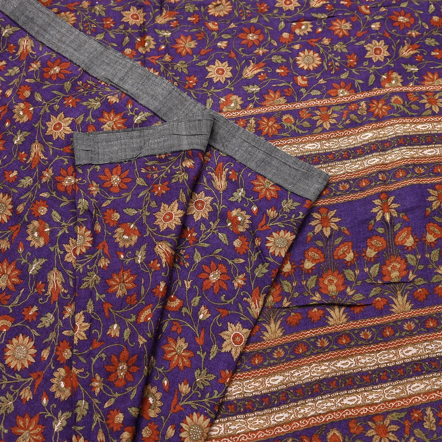 Vintage Purple Green Wool Saree Indian Pure Wool Floral Woven Fabric 6 Yard Soft Warm Craft Material for Winter Dressmaking & Sewing