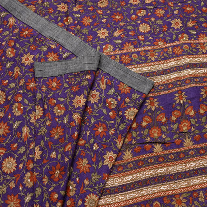 Vintage Purple Green Wool Saree Indian Pure Wool Floral Woven Fabric 6 Yard Soft Warm Craft Material for Winter Dressmaking & Sewing