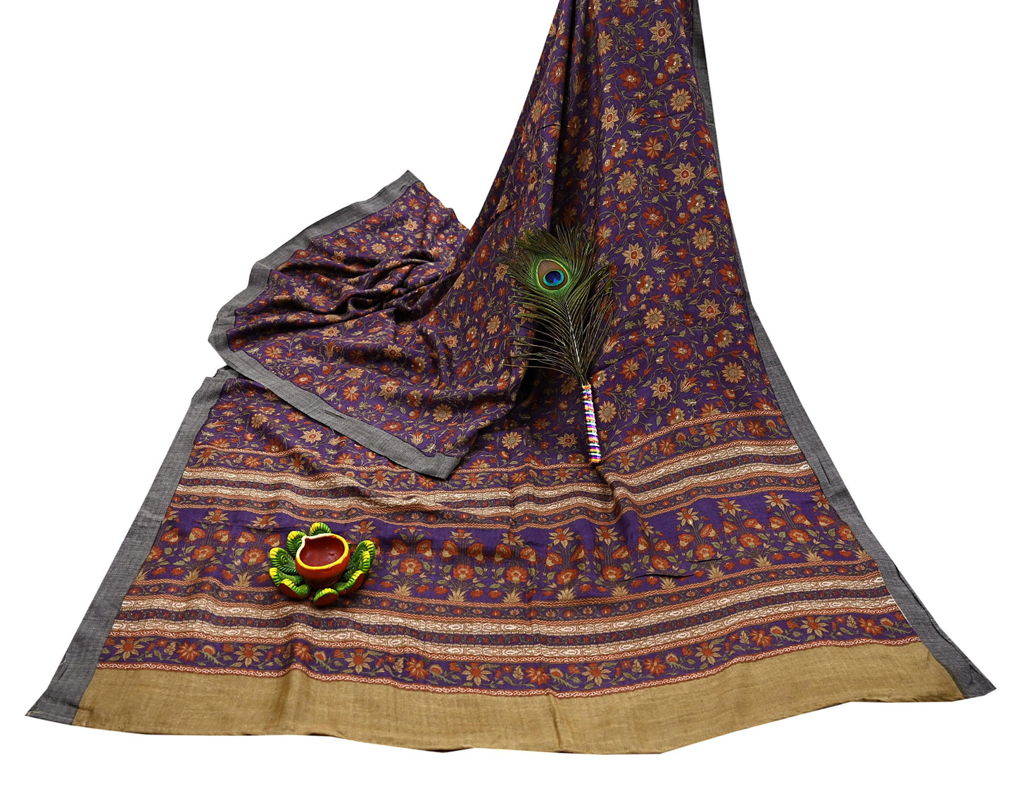 Vintage Purple Green Wool Saree Indian Pure Wool Floral Woven Fabric 6 Yard Soft Warm Craft Material for Winter Dressmaking & Sewing