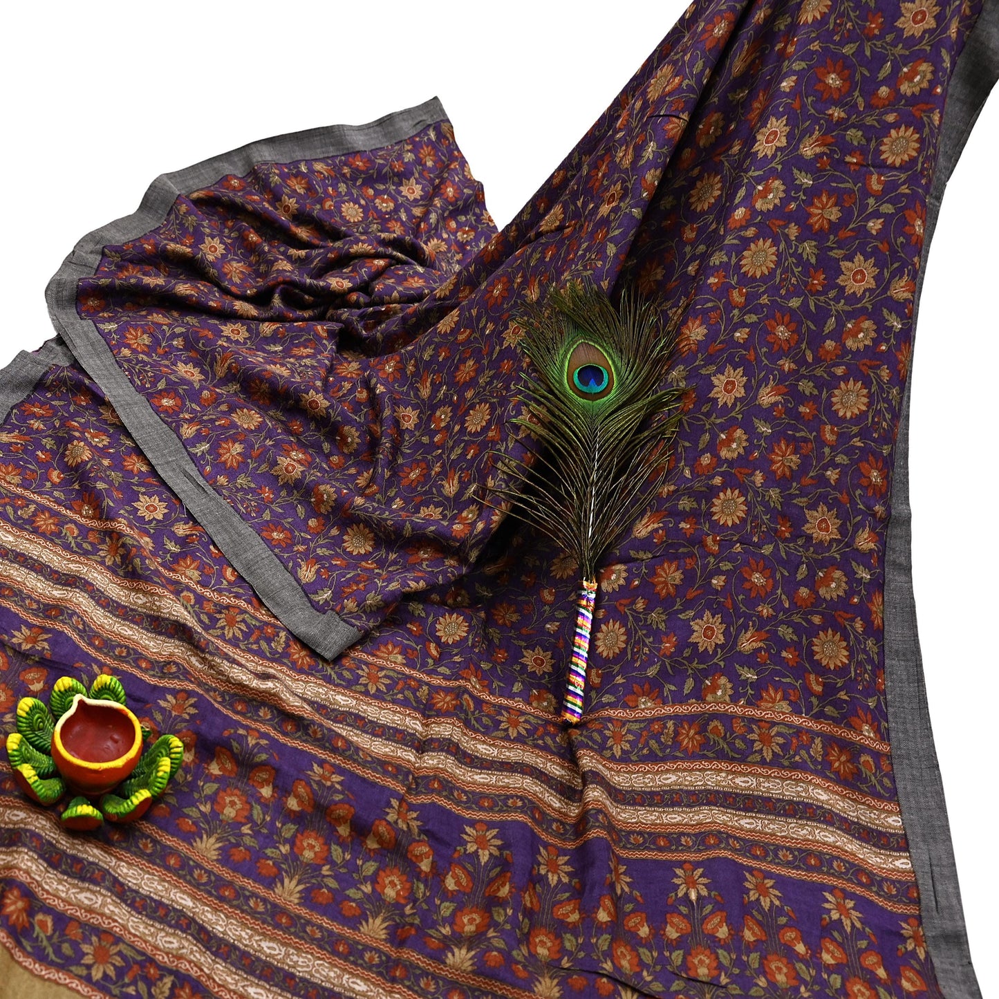 Vintage Purple Green Wool Saree Indian Pure Wool Floral Woven Fabric 6 Yard Soft Warm Craft Material for Winter Dressmaking & Sewing