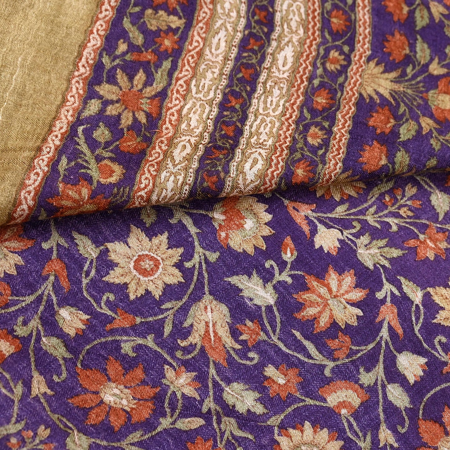 Vintage Purple Green Wool Saree Indian Pure Wool Floral Woven Fabric 6 Yard Soft Warm Craft Material for Winter Dressmaking & Sewing