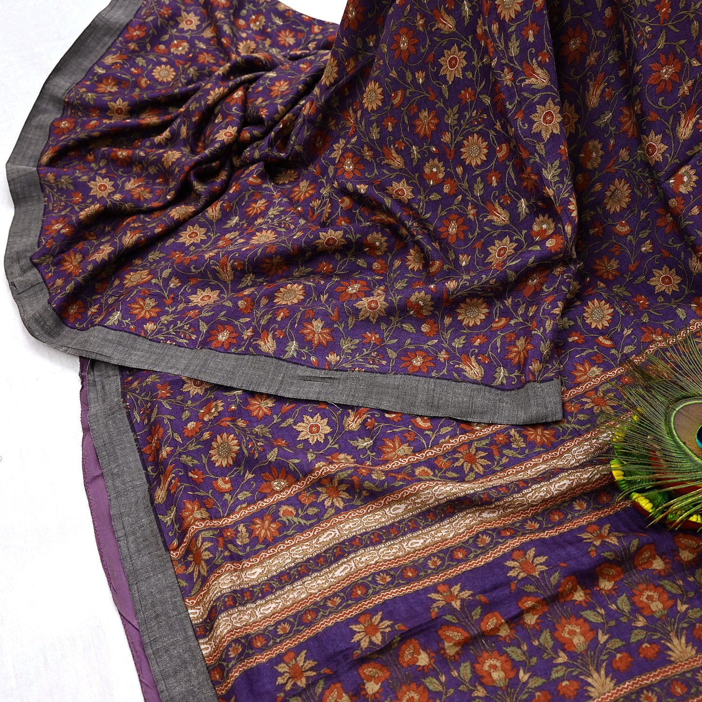 Vintage Purple Green Wool Saree Indian Pure Wool Floral Woven Fabric 6 Yard Soft Warm Craft Material for Winter Dressmaking & Sewing