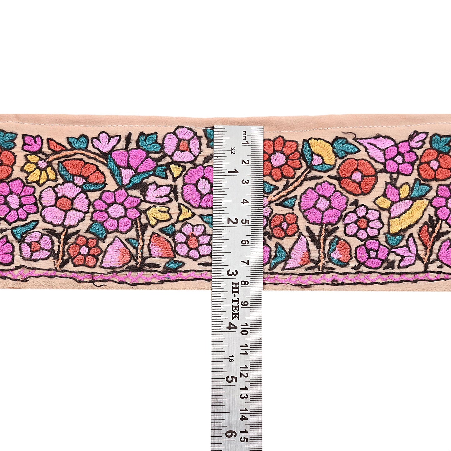 Vintage Kashmiri Aari Silk Border Peach Satin Hand Embroidered Floral Trim Chain Stitch Lace Ribbon Sewing Craft Supply