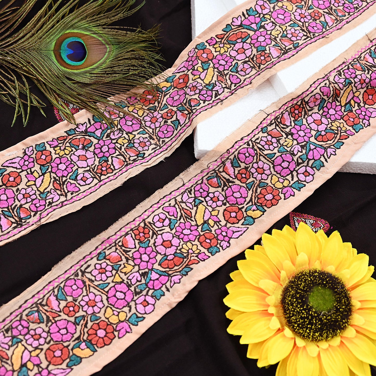 Vintage Kashmiri Aari Silk Border Peach Satin Hand Embroidered Floral Trim Chain Stitch Lace Ribbon Sewing Craft Supply