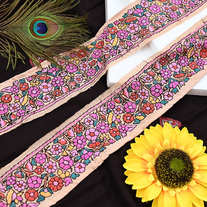 Vintage Kashmiri Aari Silk Border Peach Satin Hand Embroidered Floral Trim Chain Stitch Lace Ribbon Sewing Craft Supply
