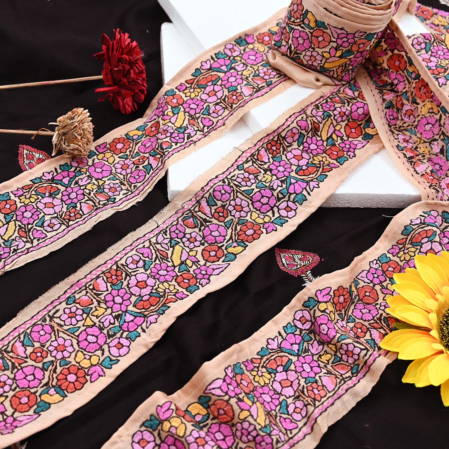 Vintage Kashmiri Aari Silk Border Peach Satin Hand Embroidered Floral Trim Chain Stitch Lace Ribbon Sewing Craft Supply
