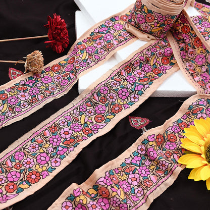 Vintage Kashmiri Aari Silk Border Peach Satin Hand Embroidered Floral Trim Chain Stitch Lace Ribbon Sewing Craft Supply