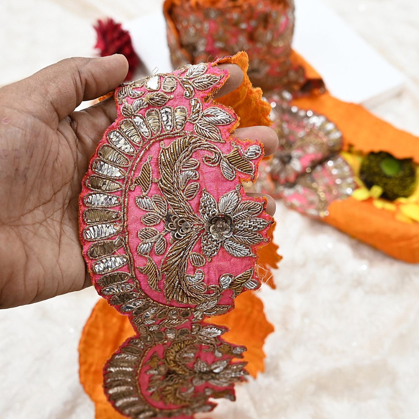 Indian Vintage Peach Sari Border, Anamika Khanna Hand Embroidered Dabka Zari Trim, Designer Craft Lace, Sewing Ribbon 1 Yard