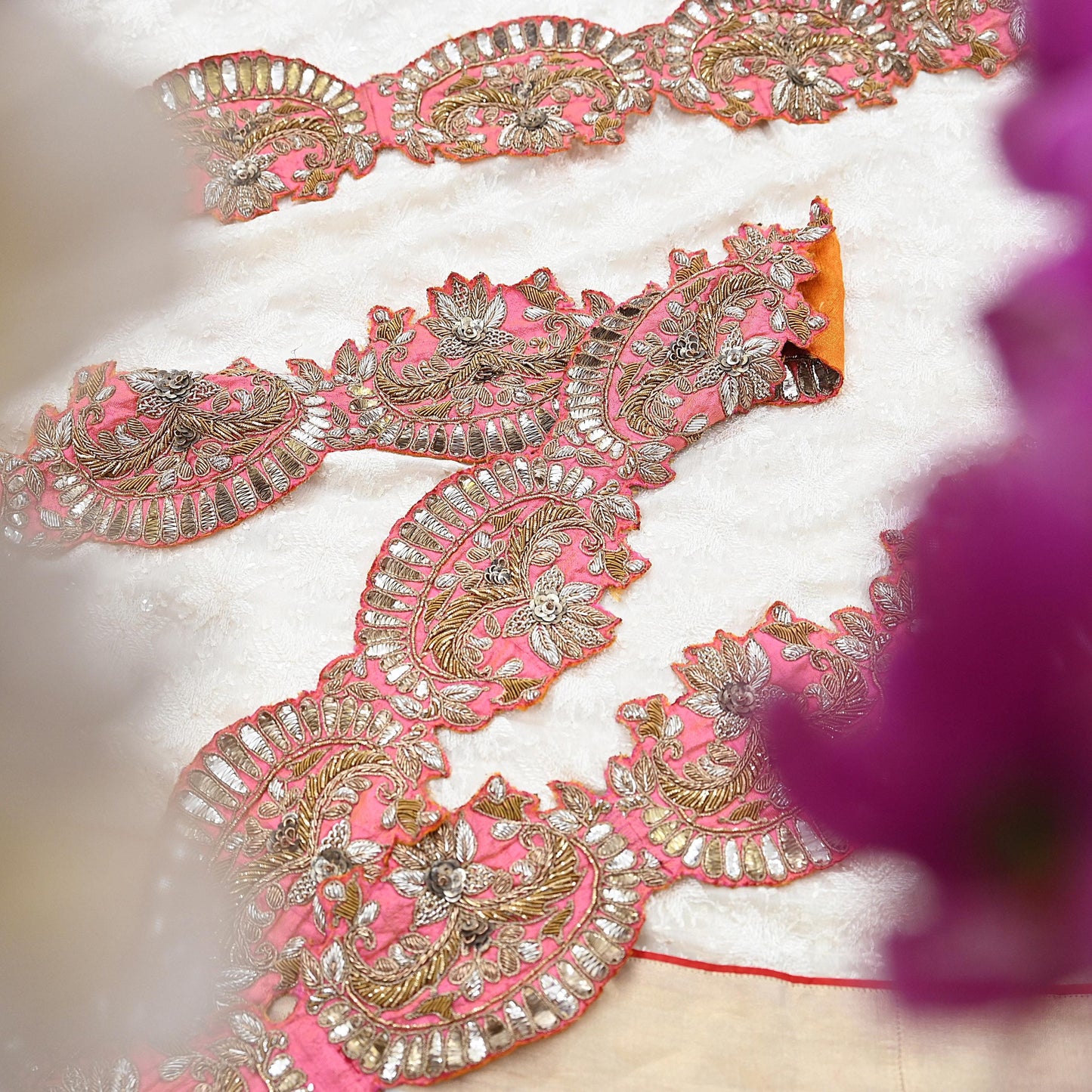 Indian Vintage Peach Sari Border, Anamika Khanna Hand Embroidered Dabka Zari Trim, Designer Craft Lace, Sewing Ribbon 1 Yard