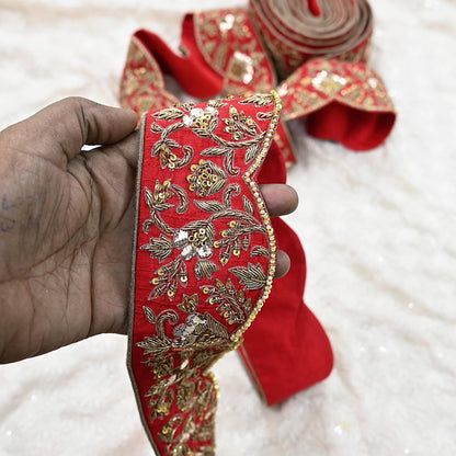 Indian Vintage Red Sari Border Sabyasachi Hand Embroidered Zari Dabka Lace Designer Sewing Trim Ribbon Bridal Craft Fabric 1 Yard