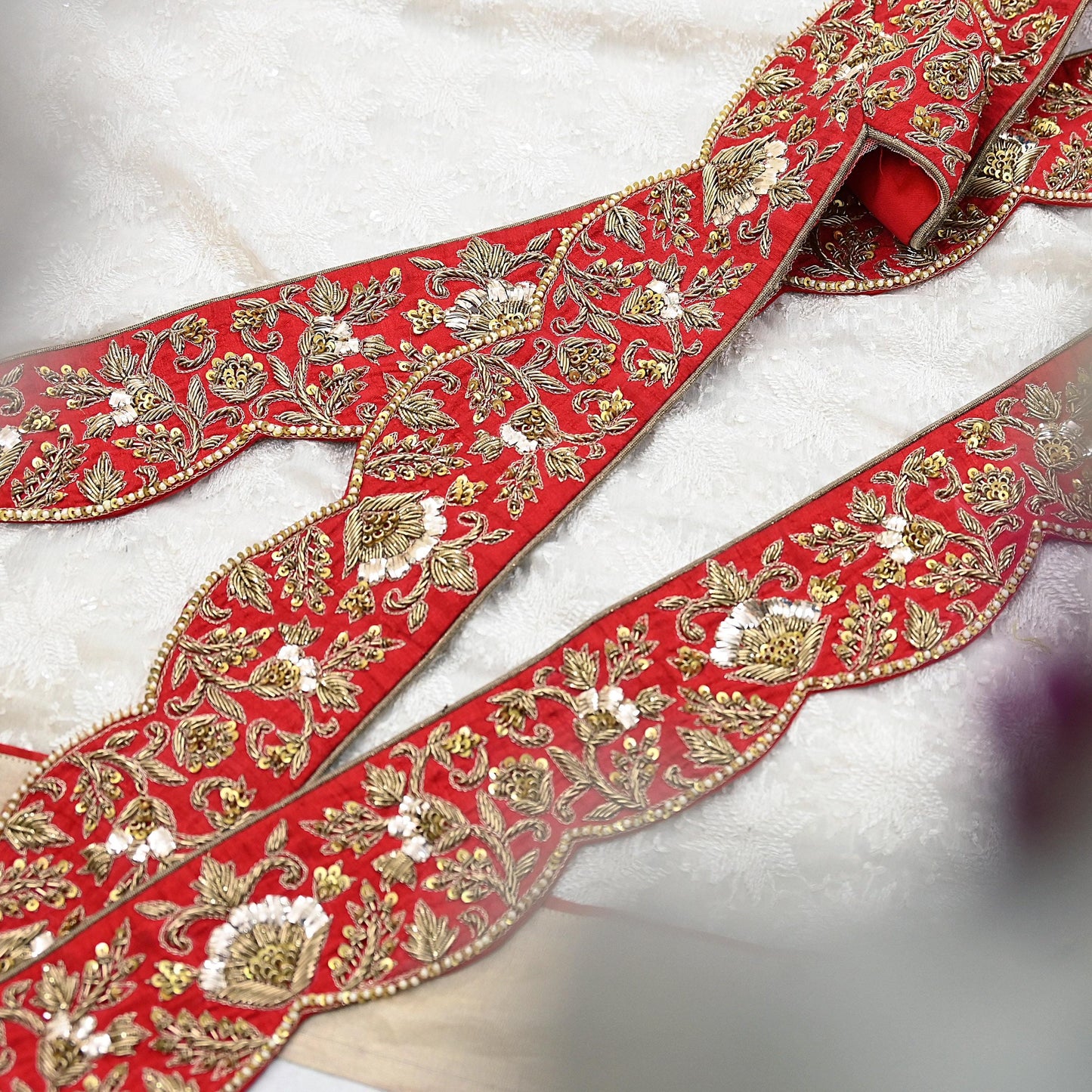 Indian Vintage Red Sari Border Sabyasachi Hand Embroidered Zari Dabka Lace Designer Sewing Trim Ribbon Bridal Craft Fabric 1 Yard