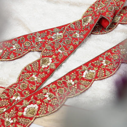 Indian Vintage Red Sari Border Sabyasachi Hand Embroidered Zari Dabka Lace Designer Sewing Trim Ribbon Bridal Craft Fabric 1 Yard