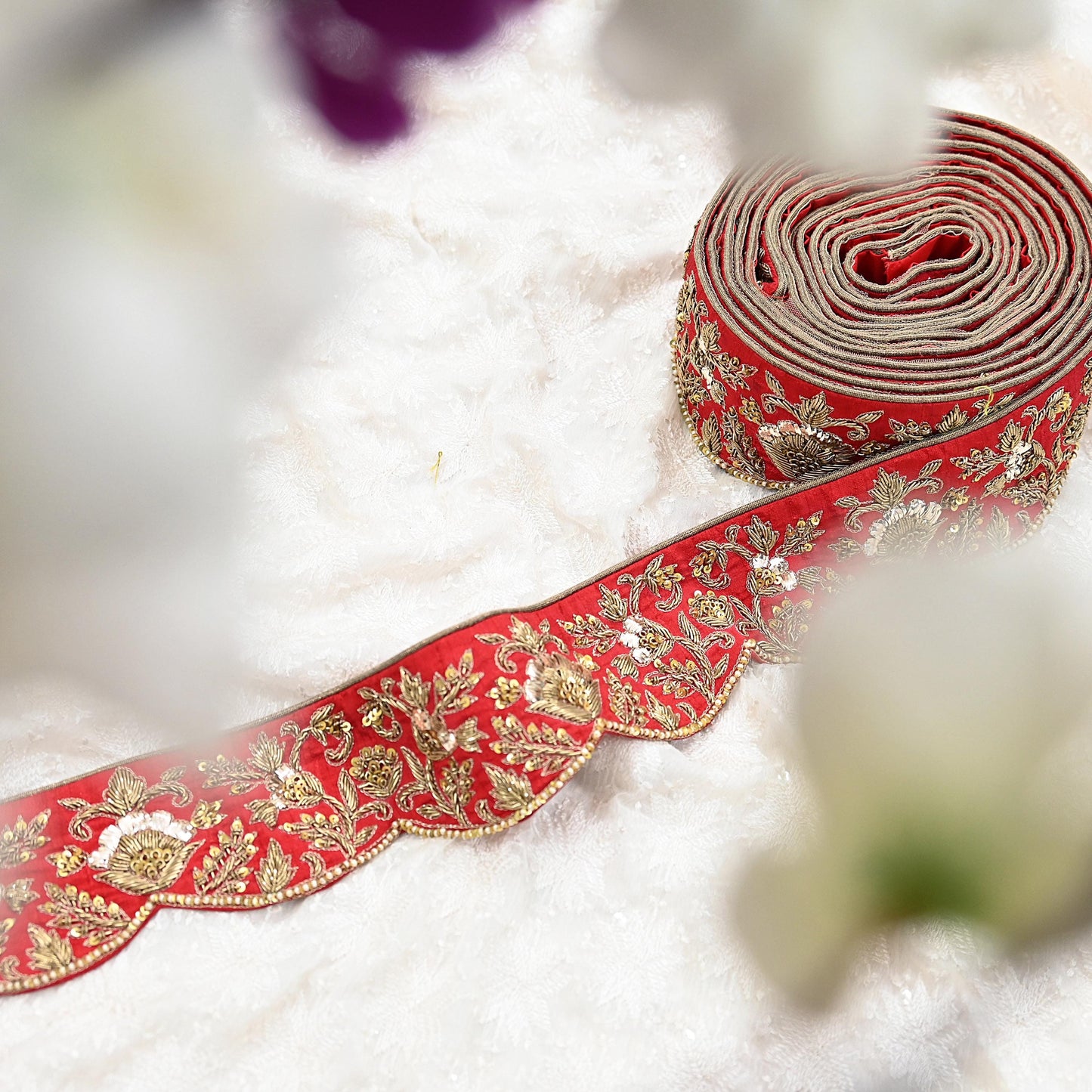 Indian Vintage Red Sari Border Sabyasachi Hand Embroidered Zari Dabka Lace Designer Sewing Trim Ribbon Bridal Craft Fabric 1 Yard