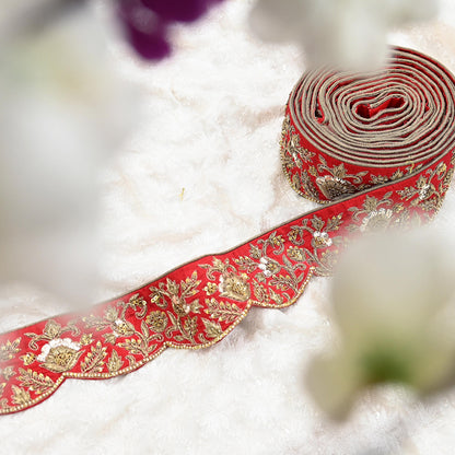 Indian Vintage Red Sari Border Sabyasachi Hand Embroidered Zari Dabka Lace Designer Sewing Trim Ribbon Bridal Craft Fabric 1 Yard