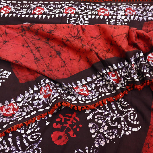 Indian Vintage Sari Red & Brown Batik Printed Saree 100% Pure Cotton 5Yd Craft Fabric Soft Sewing Sarong Wrap Boho Quilting Dress Making