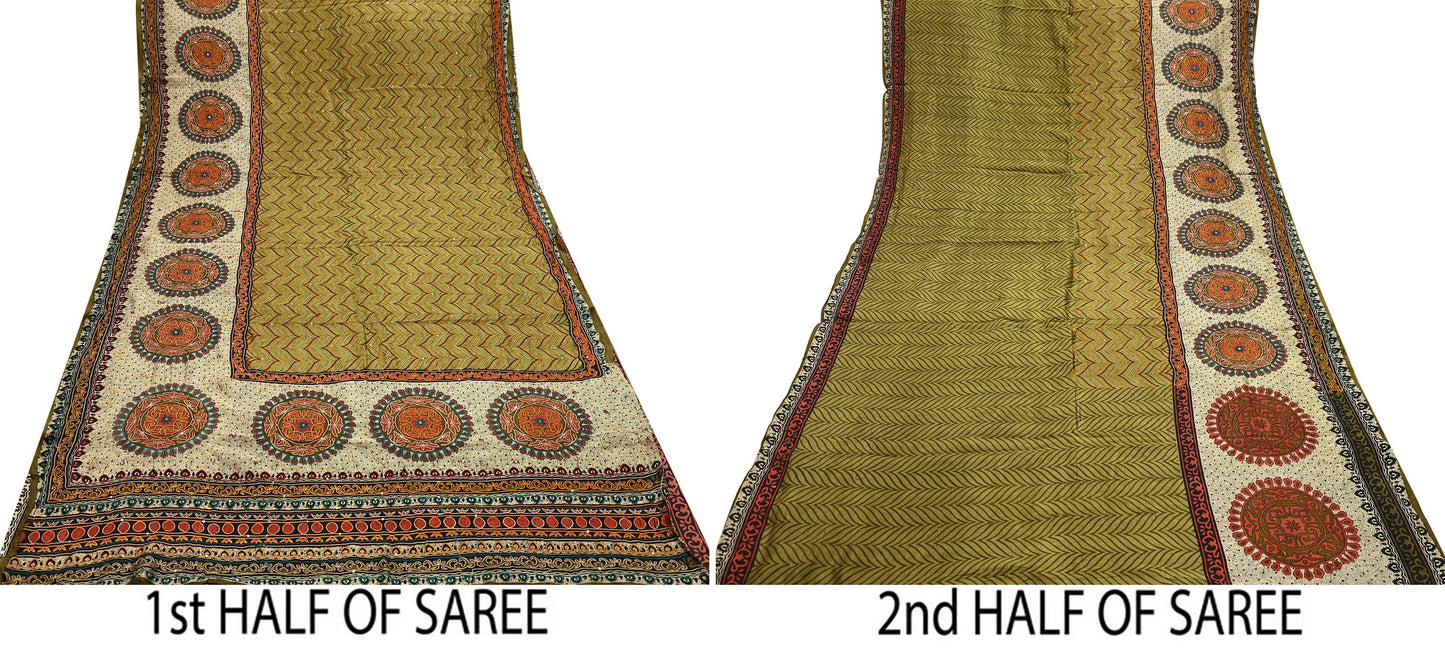 Indian Vintage Sari Green Pure Silk Hand Embroidered Sarees 5Yd Craft Fabric Sewing soft Quilting Crafting Ethnic Bollywood sarees