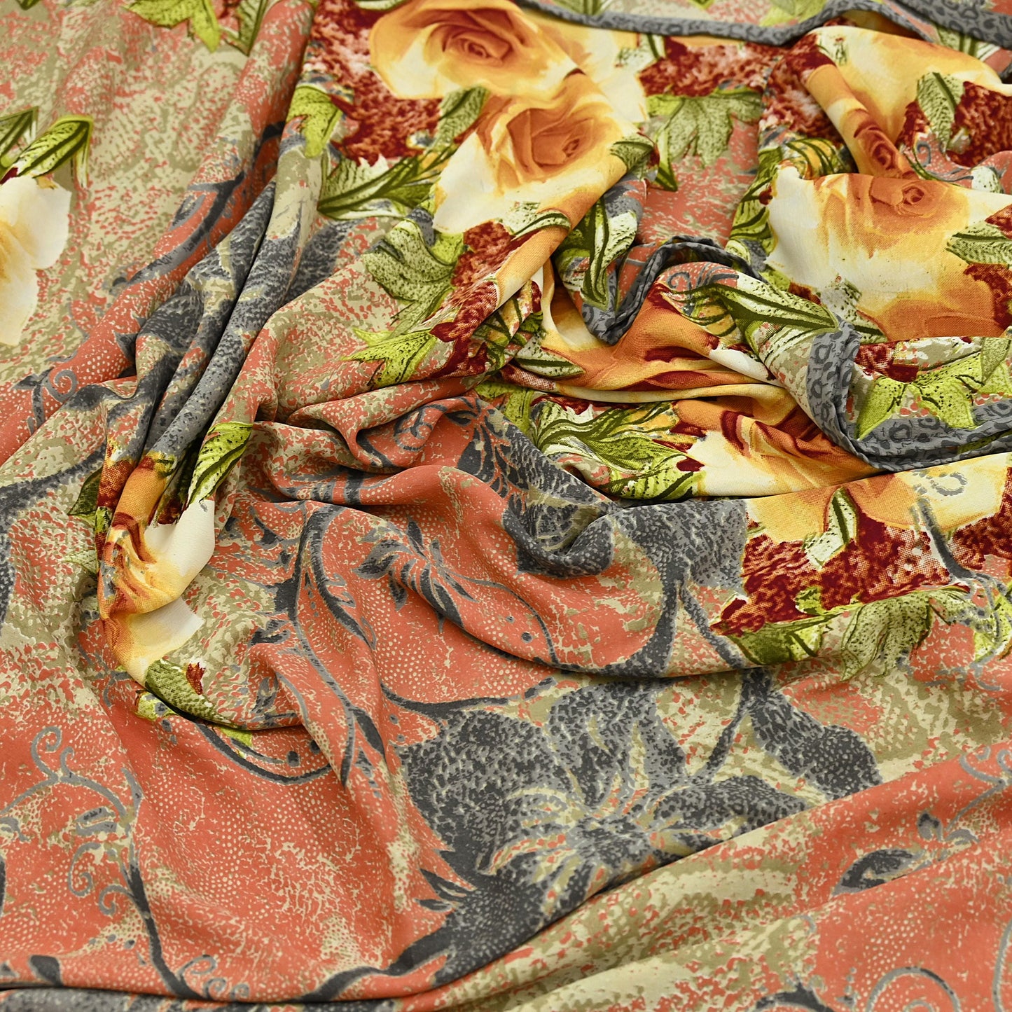 Indian Vintage Moss Crepe Saree Printed Floral Sari Fabric 6 Yards Soft Craft Fabric for Sewing, Dressmaking, Quilting,Upcycling