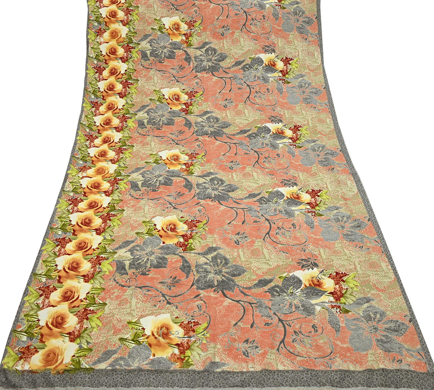 Indian Vintage Moss Crepe Saree Printed Floral Sari Fabric 6 Yards Soft Craft Fabric for Sewing, Dressmaking, Quilting,Upcycling