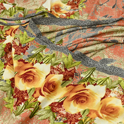 Indian Vintage Moss Crepe Saree Printed Floral Sari Fabric 6 Yards Soft Craft Fabric for Sewing, Dressmaking, Quilting,Upcycling