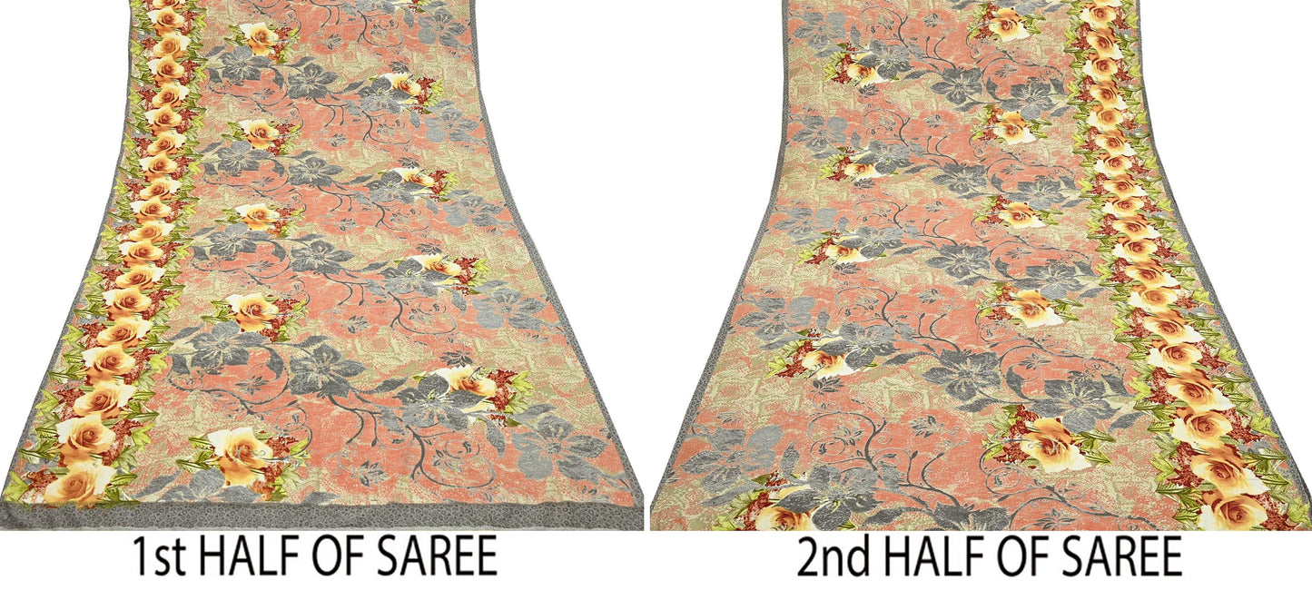Indian Vintage Moss Crepe Saree Printed Floral Sari Fabric 6 Yards Soft Craft Fabric for Sewing, Dressmaking, Quilting,Upcycling