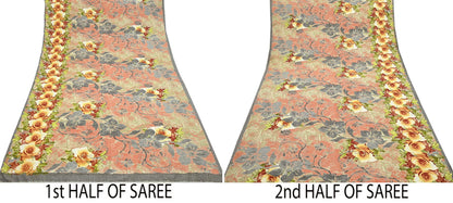 Indian Vintage Moss Crepe Saree Printed Floral Sari Fabric 6 Yards Soft Craft Fabric for Sewing, Dressmaking, Quilting,Upcycling