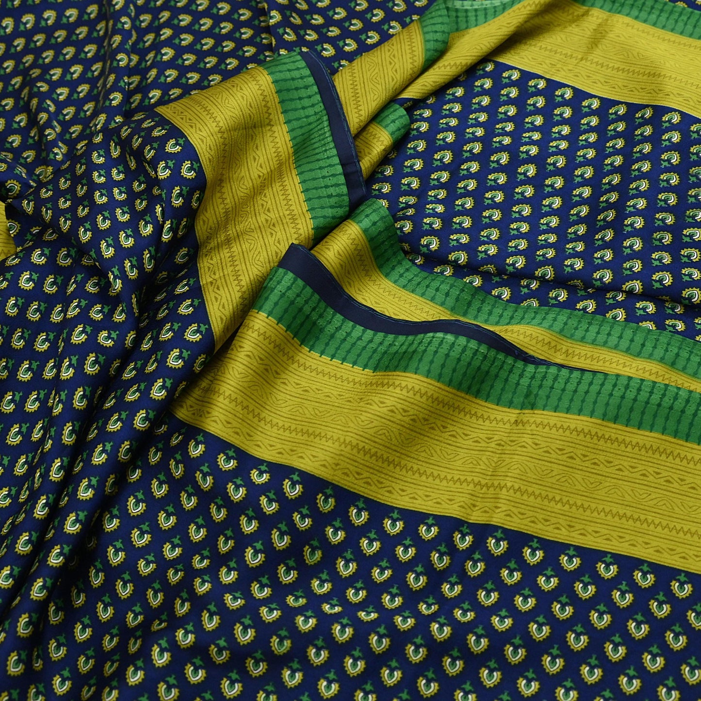 Indian Vintage Green & Blue Saree Moss Crepe Printed Sari 6yd Sewing Paisley Soft Craft Fabric Dressmaking Quilting Crafting Upcycle