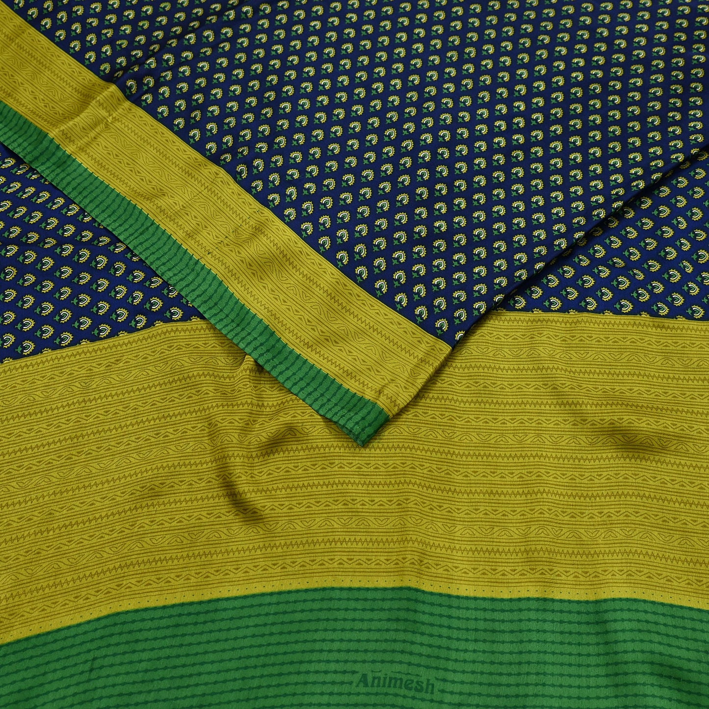 Indian Vintage Green & Blue Saree Moss Crepe Printed Sari 6yd Sewing Paisley Soft Craft Fabric Dressmaking Quilting Crafting Upcycle