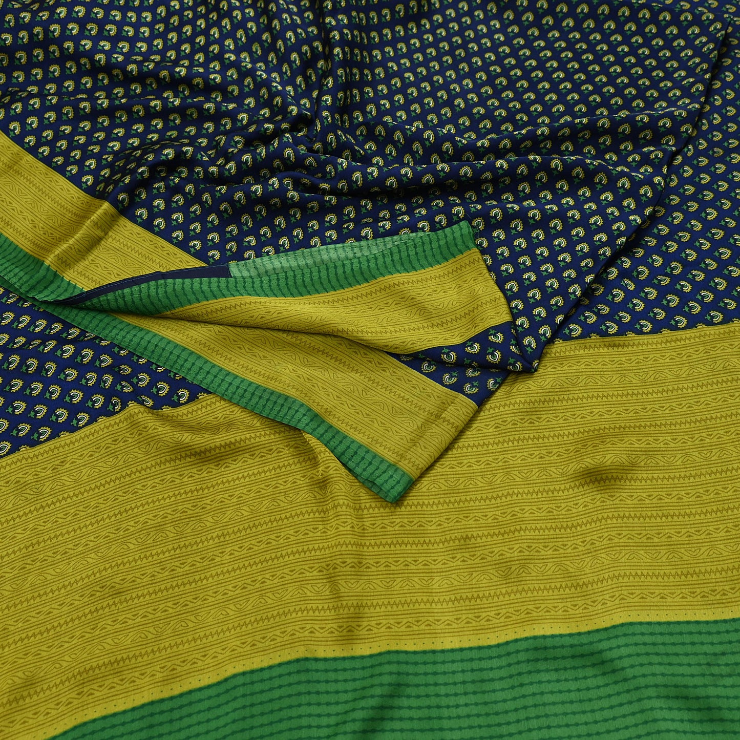 Indian Vintage Green & Blue Saree Moss Crepe Printed Sari 6yd Sewing Paisley Soft Craft Fabric Dressmaking Quilting Crafting Upcycle