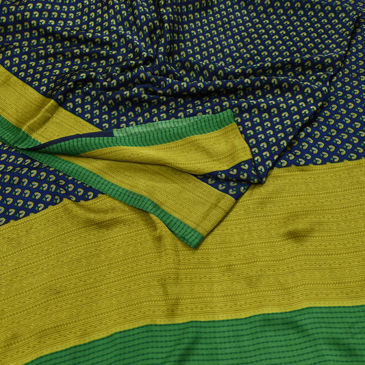 Indian Vintage Green & Blue Saree Moss Crepe Printed Sari 6yd Sewing Paisley Soft Craft Fabric Dressmaking Quilting Crafting Upcycle