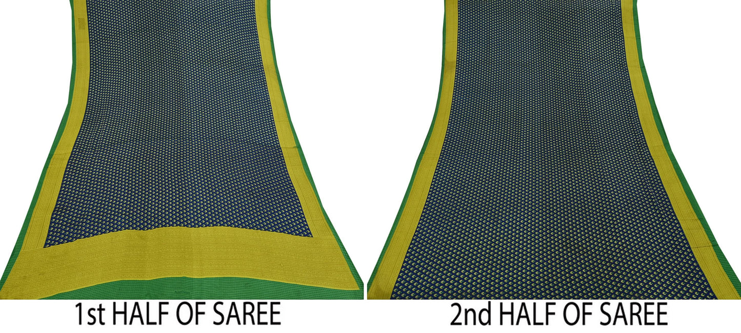 Indian Vintage Green & Blue Saree Moss Crepe Printed Sari 6yd Sewing Paisley Soft Craft Fabric Dressmaking Quilting Crafting Upcycle