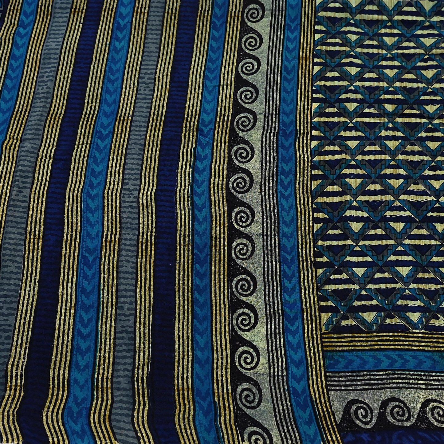 Indian Vintage Sari Green & Blue Pure Crepe Silk Printed Saree 5yard Sewing Quilting Geometric Soft Craft Fabric Wrap