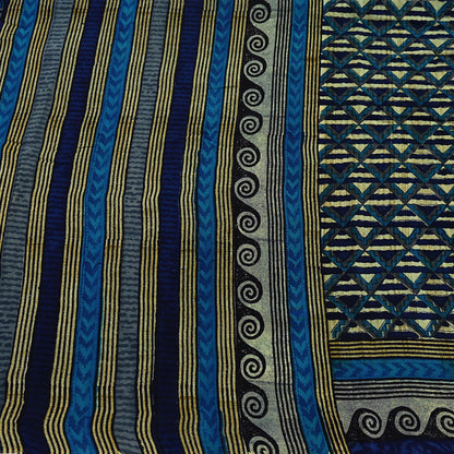 Indian Vintage Sari Green & Blue Pure Crepe Silk Printed Saree 5yard Sewing Quilting Geometric Soft Craft Fabric Wrap