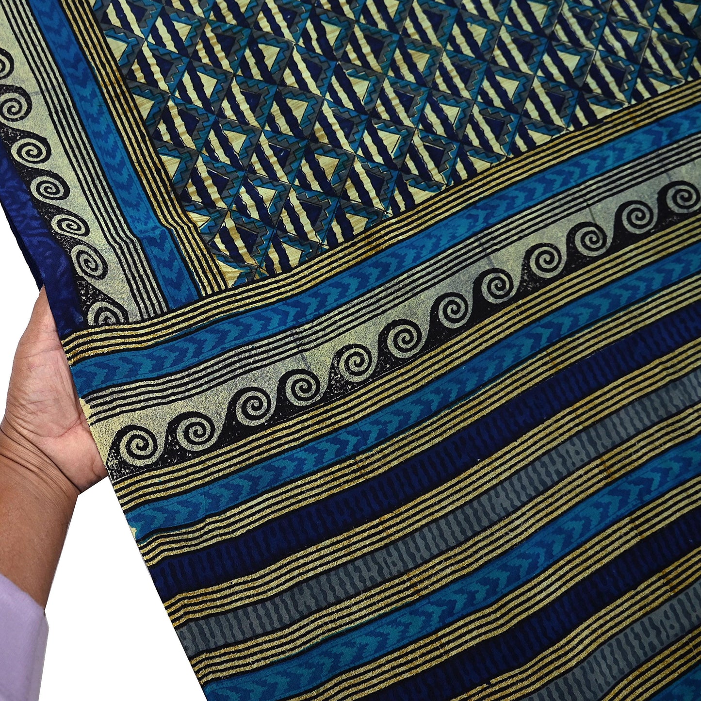 Indian Vintage Sari Green & Blue Pure Crepe Silk Printed Saree 5yard Sewing Quilting Geometric Soft Craft Fabric Wrap