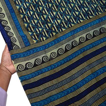 Indian Vintage Sari Green & Blue Pure Crepe Silk Printed Saree 5yard Sewing Quilting Geometric Soft Craft Fabric Wrap