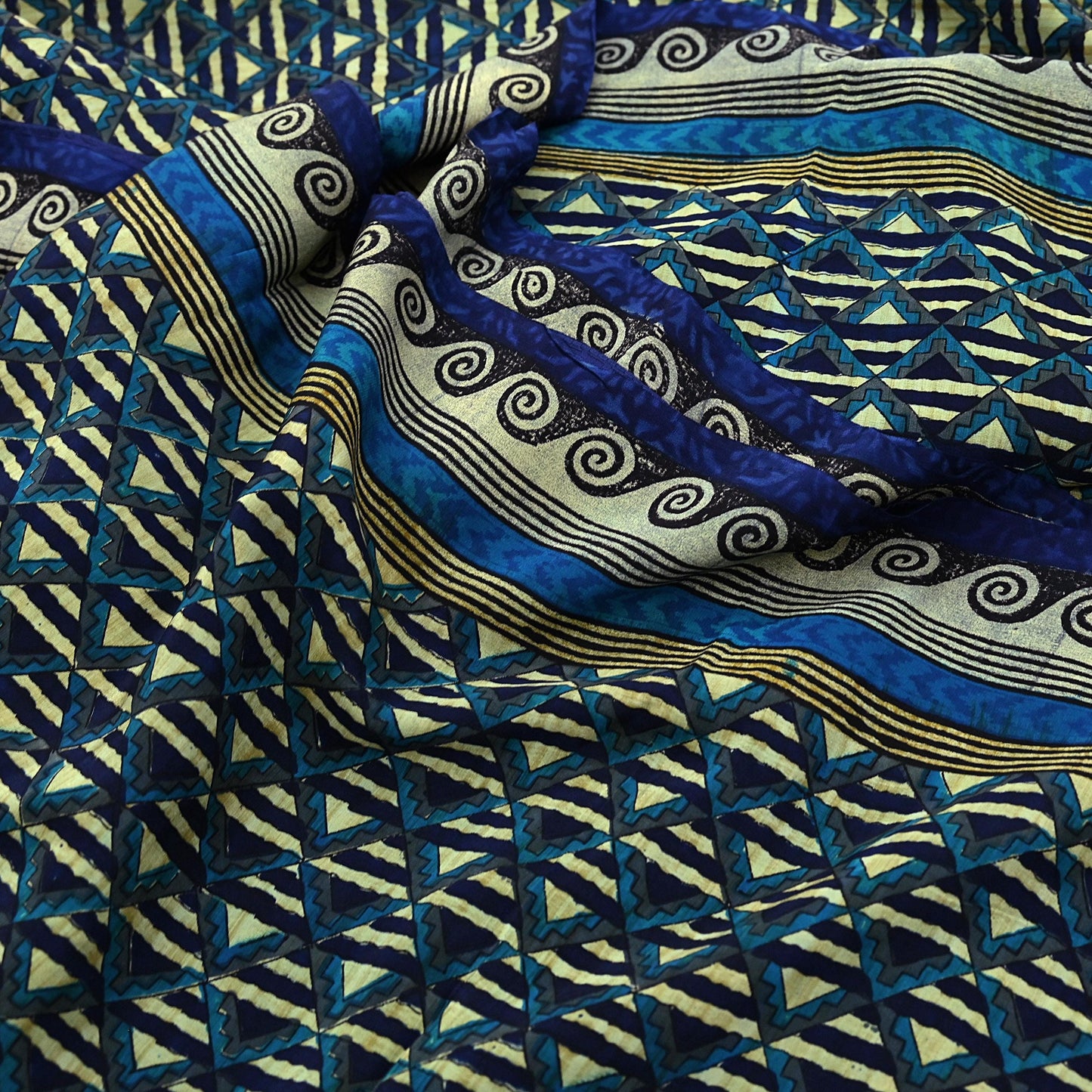 Indian Vintage Sari Green & Blue Pure Crepe Silk Printed Saree 5yard Sewing Quilting Geometric Soft Craft Fabric Wrap