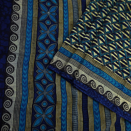 Indian Vintage Sari Green & Blue Pure Crepe Silk Printed Saree 5yard Sewing Quilting Geometric Soft Craft Fabric Wrap