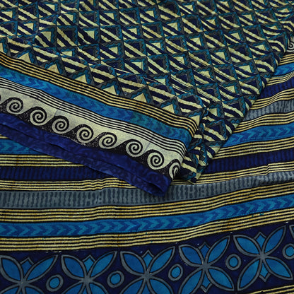 Indian Vintage Sari Green & Blue Pure Crepe Silk Printed Saree 5yard Sewing Quilting Geometric Soft Craft Fabric Wrap