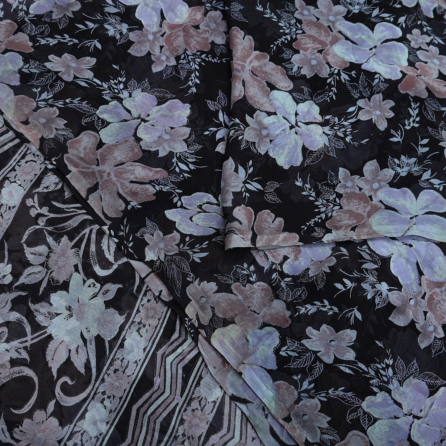 Vintage Saree Black Pure Chiffon Silk Printed Sari Craft Fabric Sewing 5Yard Soft