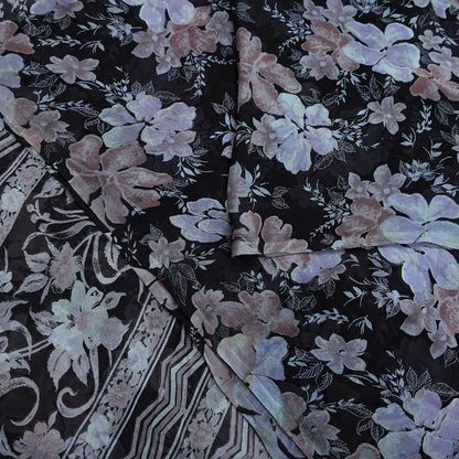 Vintage Saree Black Pure Chiffon Silk Printed Sari Craft Fabric Sewing 5Yard Soft