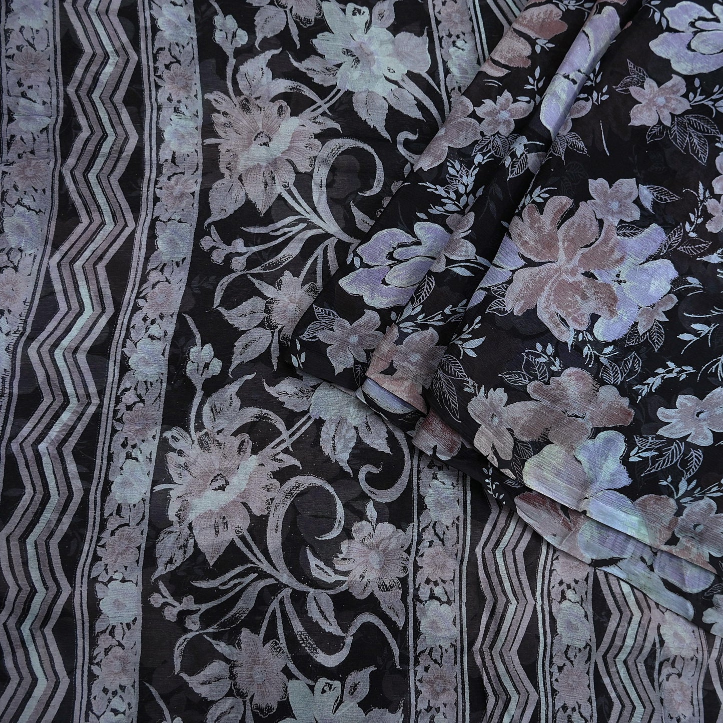 Vintage Saree Black Pure Chiffon Silk Printed Sari Craft Fabric Sewing 5Yard Soft