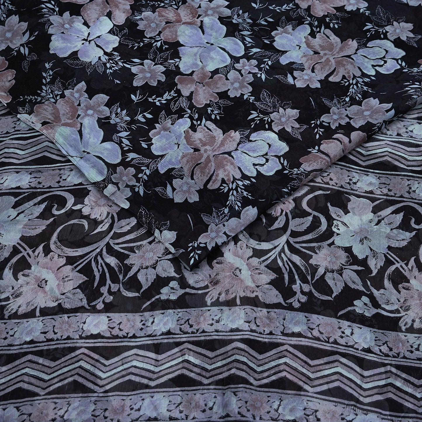 Vintage Saree Black Pure Chiffon Silk Printed Sari Craft Fabric Sewing 5Yard Soft