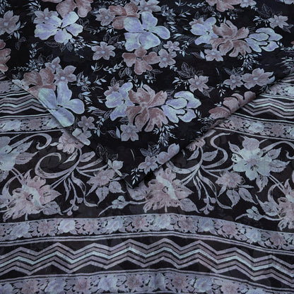 Vintage Saree Black Pure Chiffon Silk Printed Sari Craft Fabric Sewing 5Yard Soft