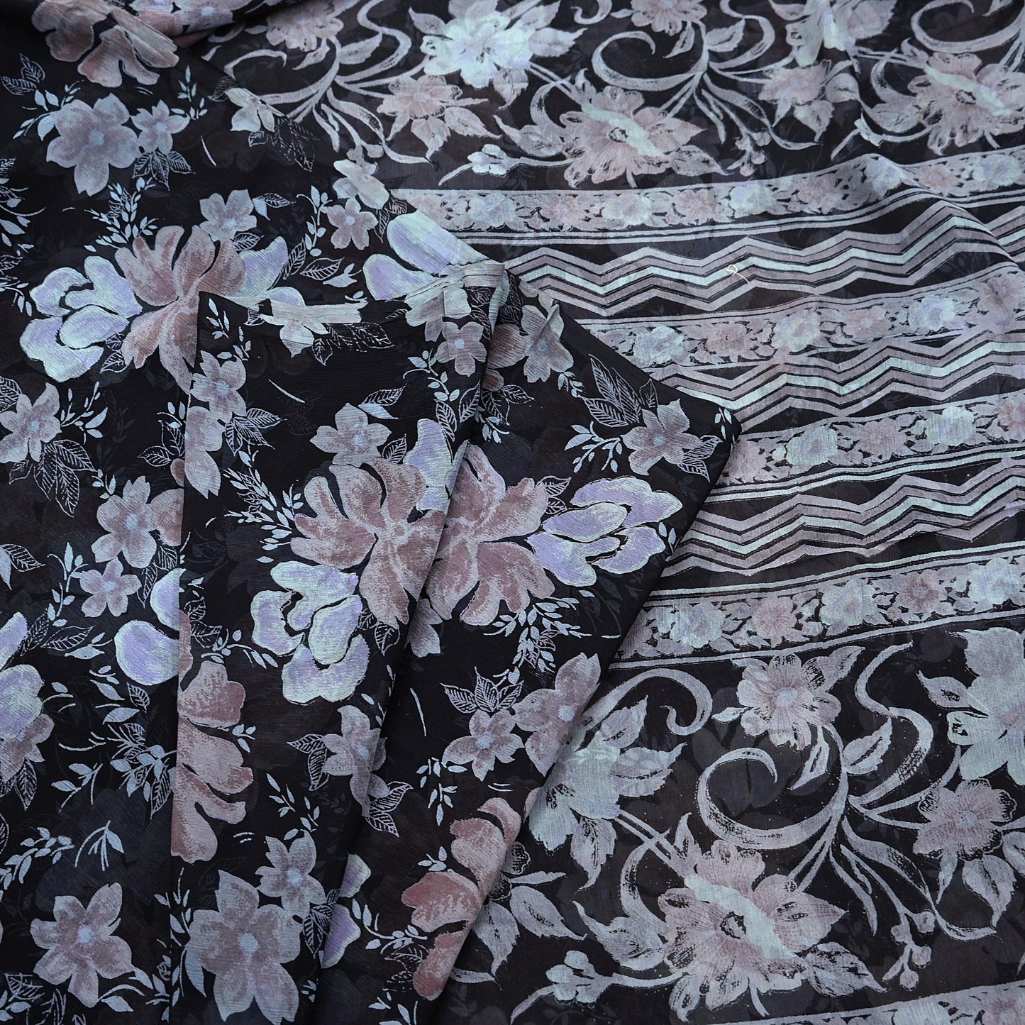 Vintage Saree Black Pure Chiffon Silk Printed Sari Craft Fabric Sewing 5Yard Soft