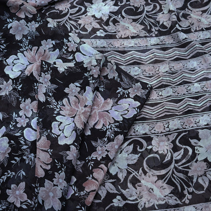 Vintage Saree Black Pure Chiffon Silk Printed Sari Craft Fabric Sewing 5Yard Soft
