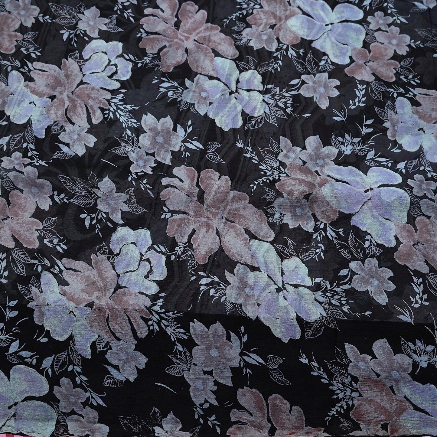 Vintage Saree Black Pure Chiffon Silk Printed Sari Craft Fabric Sewing 5Yard Soft
